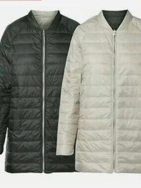 ATHLETA M ReversaWarm Down Feather Coat Parka Reversible Grey/Birch Grey